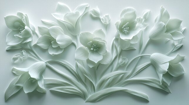 Delicate snowdrop bas-relief sculpture, pale green on white, overhead diffused lighting, slight angle view, shallow depth of field, minimalist composition, art gallery aesthetic