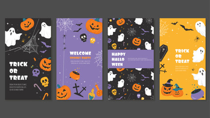 Fototapeta premium Vertical Cover Templates for Social Media for Halloween. Vector Spooky Illustrations with Ghosts, Cobwebs, Spiders, Pumpkins