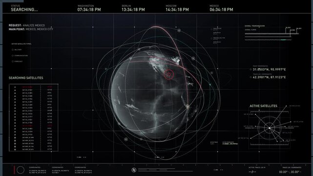 Futuristic software is searching for the location of the target satellites. Futuristic system searching for target signals on a map. Futuristic searching system has located a target in North America.