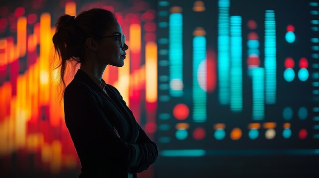 Businesswoman giving presentation silhouette overlaid with abstract data visualization, double exposure, vibrant color palette, stage lighting effect, low angle wide shot, TED talk promotional image