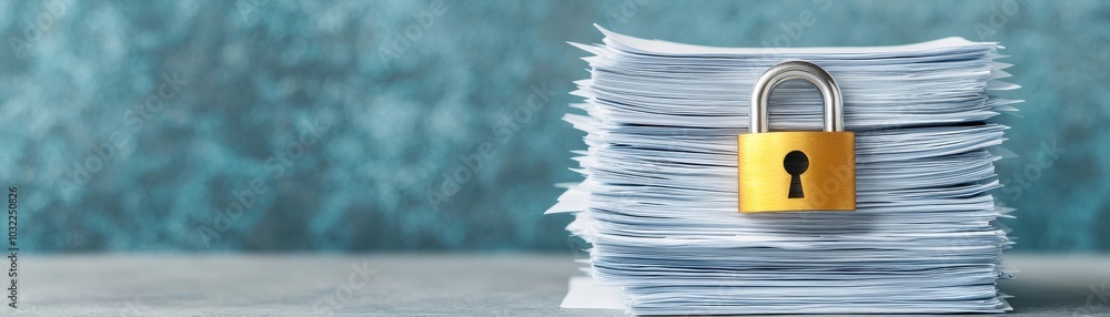 Poster secure documents with a golden lock on a pile of papers, symbolizing confidentiality and data protec
