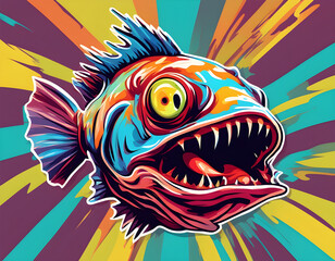 colorful angler fish head  with cool isolated pop art style background