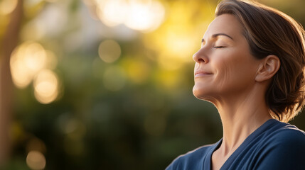 Obraz premium Peaceful Reflection in Nature's Embrace A woman, sitting quietly with her eyes closed, embodies relaxation and inner peace in a natural setting. The blurred, serene background offe