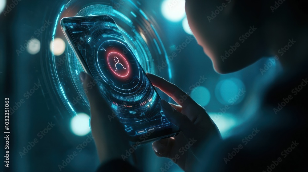 Poster person holding smartphone with digital hologram icon of a user profile in a futuristic tech interfac