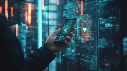 Person holding smartphone with digital hologram icon of a user profile in a futuristic tech interface