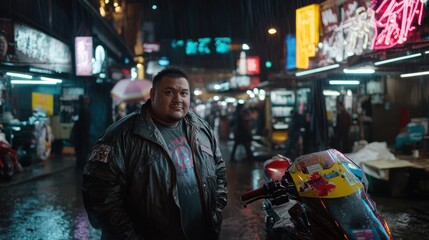 Obraz premium Overweight Asian man standing next to scooter in rainy night city