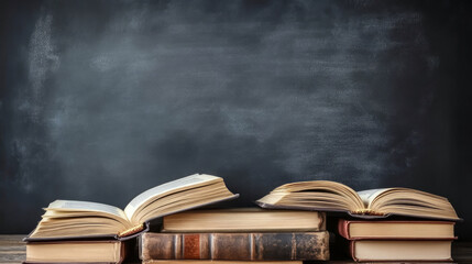 Fototapeta premium Open book and blackboard background, educational learning concepts