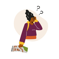 Vector graphics with a young girl holding a card on a white background.