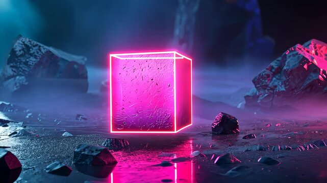 futuristic neon glowing cube on wet rocky surface in dark cave, digital art concept.