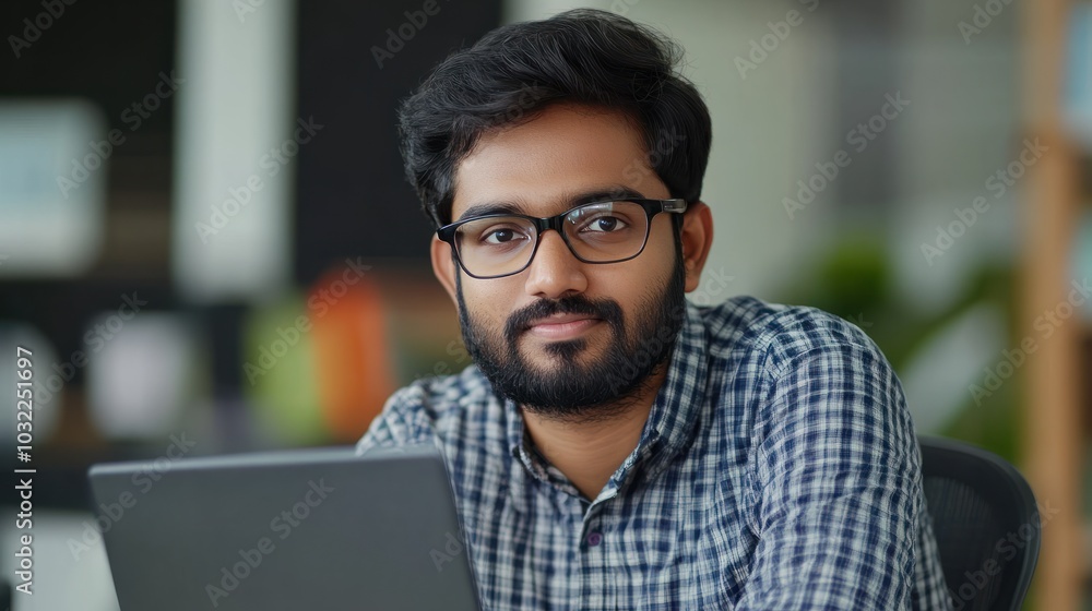 Poster portrait of an indian software engineer or web developer working on laptop in modern office looking 