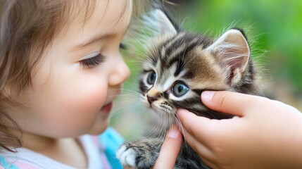 A little girl with blue eyes gently strokes a fluffy tabby kitten with green eyes.
