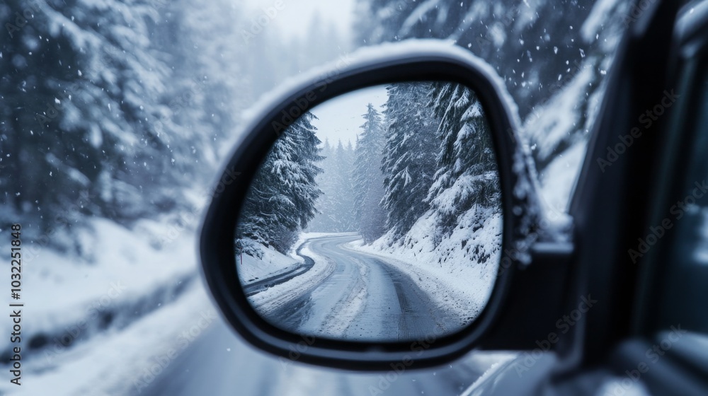 Poster The image shows the side view mirror of a car with a snowy road and forest visible through the reflection. Snow falls on the road and the trees, covering the forest in white.