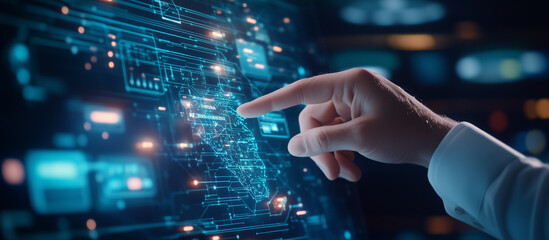 Business leaders leveraging AI for customer acquisition and data analytics A dynamic scene where a businessperson&acirc;s hand navigates through a holographic screen, selecting customer