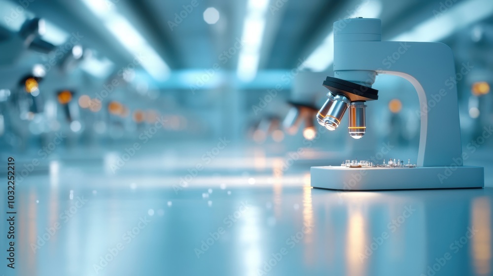 Poster a laboratory filled with microscopes of various types and sizes, showcasing the diverse applications
