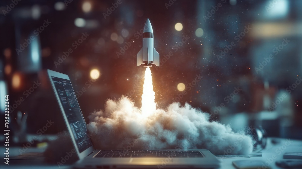 Poster rocket launch from laptop on office table to fly up in air. business startup new idea project develo