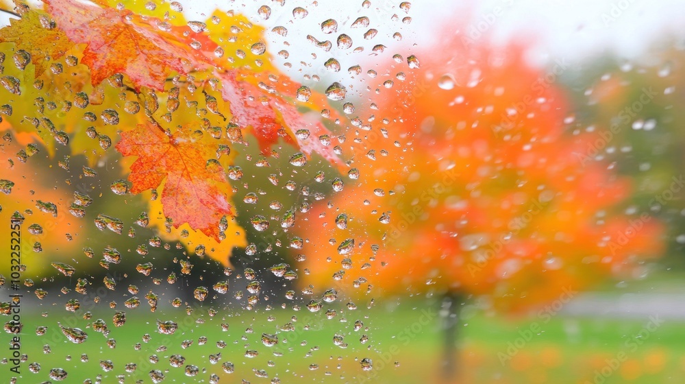 Poster raindrops on a window pane with a blurry view of fall foliage behind it.