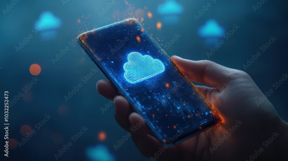 Poster secure cloud computing: hand holding a smartphone with holographic cloud icons, depicting the integr