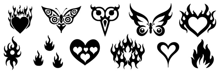 hand drawn butterfly, fire flame, burning heart. aesthetic stickers, tattoo art. Vector illustration