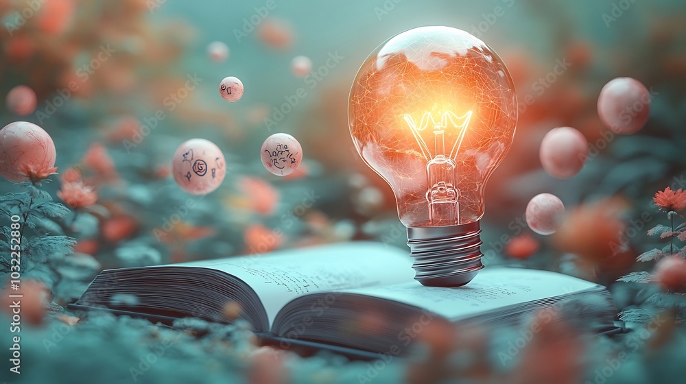 Aufkleber innovative 3d illustration featuring light bulb top of a book with whimsical doodles floating around