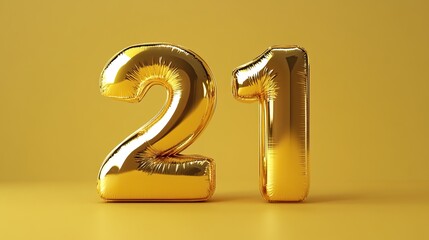 Golden Balloon Number 21 on a Yellow Background