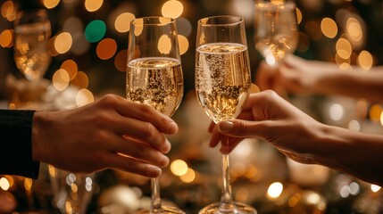 Two people clink champagne glasses in a festive setting with bokeh lights, celebrating joy and friendship.
