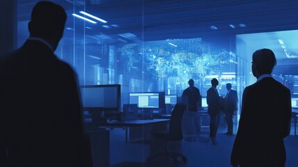 Silhouettes of business professionals in blue-toned office, digital network overlay suggests technology and connectivity.