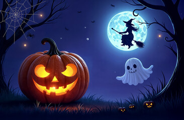 witch on a broom against the blue moon and moonlight and jack o lantern, halloween card