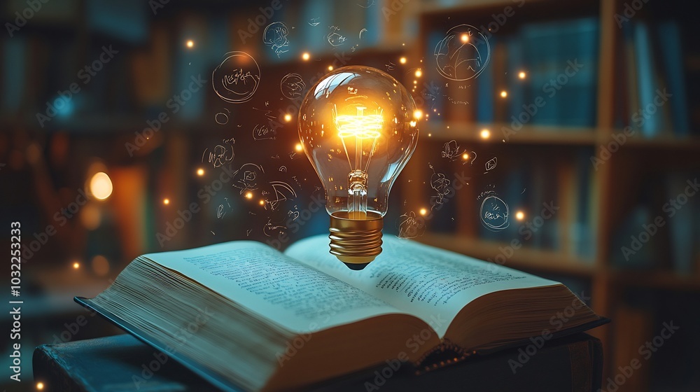 Poster innovative 3d illustration featuring light bulb top of a book with whimsical doodles floating around