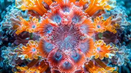 Vibrant kaleidoscope pattern of colorful coral, showcasing intricate details and vivid hues. This mesmerizing underwater scene captures beauty of marine life