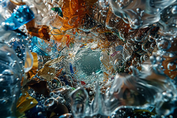 Beneath surface, chaotic blend of plastic waste and bubbles creates striking visual of pollution in water. This intricate scene highlights urgent need for environmental awareness