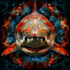 stunning kaleidoscope effect transforms shark into vibrant, colorful masterpiece, showcasing intricate patterns and textures that evoke sense of wonder and fascination