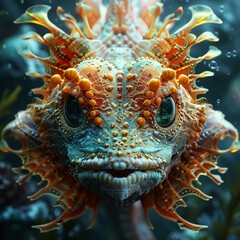 vibrant underwater scene featuring unique sea creature with intricate details and vivid colors. This fascinating fish showcases its striking features, evoking sense of wonder and curiosity