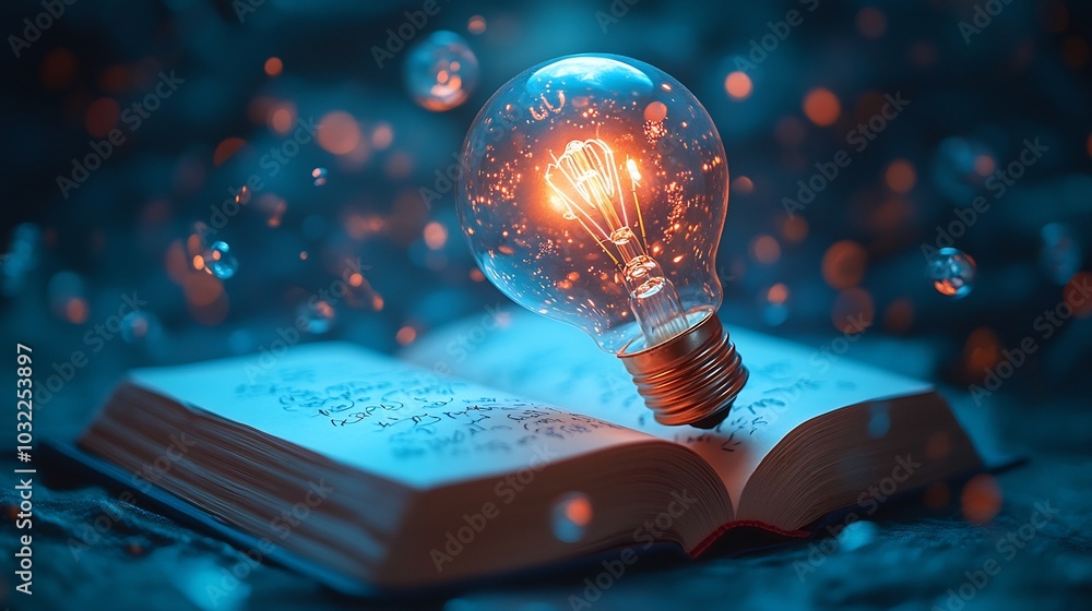 Aufkleber innovative 3d illustration featuring light bulb top of a book with whimsical doodles floating around