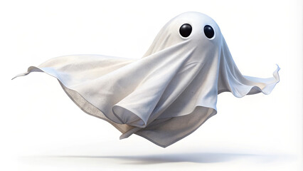 A whimsical ghost character hovers gently in a luminous environment. The ghost features a simple design with big black eyes, evoking a lighthearted and fun mood