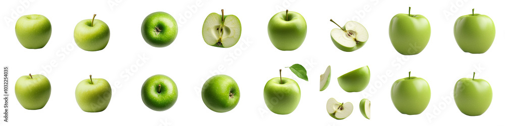 Poster various angles of green apples on a transparent background.