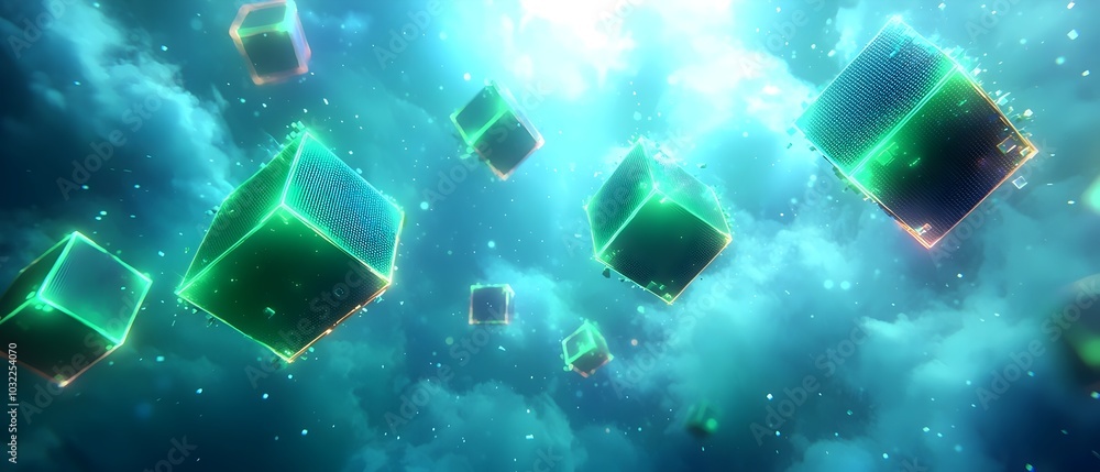 Poster abstract digital cubes float through a glowing blue sky, creating a sense of wonder and possibility.