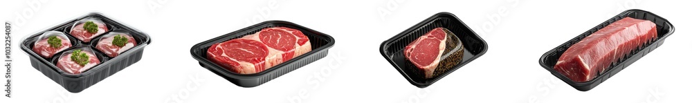 Poster the mockup stack of a transparent plastic beef tray with white labels is blank
