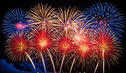 Fototapeta premium Explosions of red, blue, and golden fireworks bloom in the night sky, their brilliant trails spreading outward like stars. The vibrant and radiant colors make the scene feel joyful, dynamic