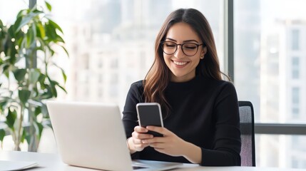 Obraz premium Young happy business woman, smiling pretty professional businesswoman worker looking at smartphone using cellphone mobile technology working at home or in office checking cell phone sitting at desk.