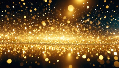 Obraz premium Glittering gold particles float in a soft, blurred background, radiating warmth and elegance. The bokeh effect creates a dreamy, festive ambiance, where the lights sparkle like tiny stars in the night