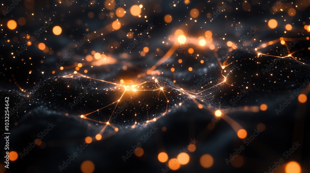 Poster the fabric of connectivity: a mesmerizing network of interconnected nodes glows against a dark backd