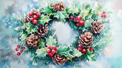 Fototapeta premium realistic watercolor painting of Christmas wreath features pinecones, holly leaves, and red berries, evoking festive and joyful holiday spirit.