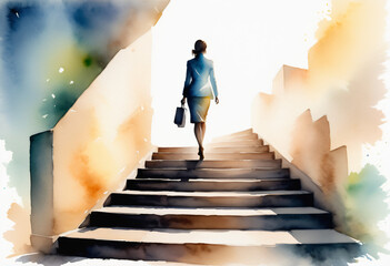 Watercolor drawing, silhouette of a woman climbing up the stairs symbol of the path to success, the realization of plans