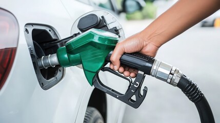Hand refilling the car with fuel at the refuel station