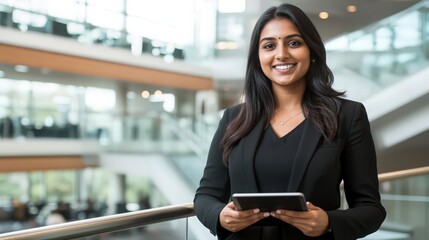 a beautiful Indian woman business professional standing in an office using a tablet computer and smiling at the camera