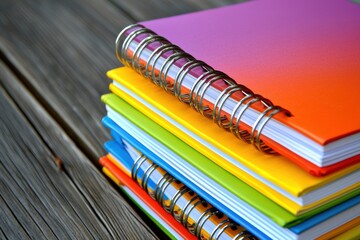 Fototapeta premium A stack of colorful spiral notebooks arranged neatly on a wooden surface, ideal for school or office use.