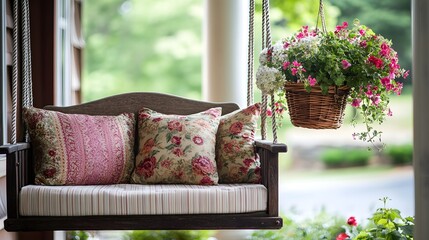 Cozy Floral Swing Bench with Hanging Basket by Window Offering Serene Garden View