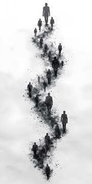 A group of people walking in a line, fading away into the distance. They are all wearing black and walking on a path of grey ash.