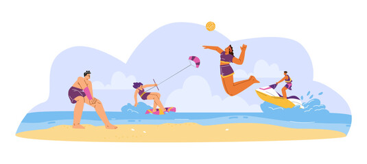 Vector illustration of people doing outdoor sports: beach volleyball, sailing on a jet ski, kiteboard,
