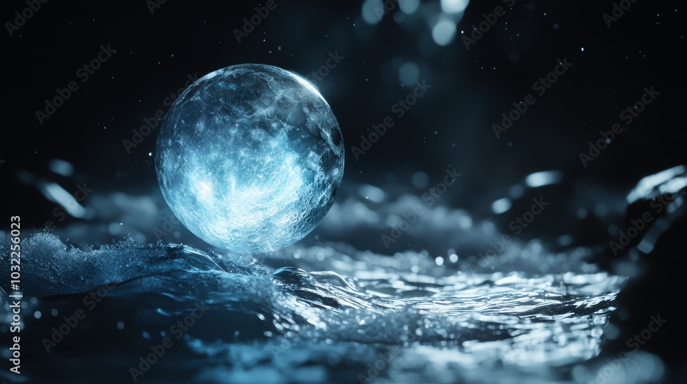 Aufkleber a shimmering crystal orb rests on water, reflecting light and creating a mesmerizing visual in a ser